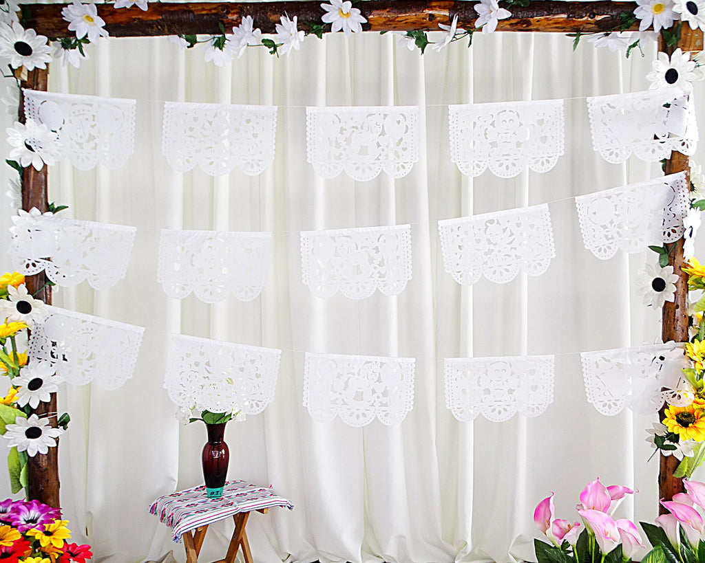 papel picado baptism, Mexican themed wedding decorations,  white decor, background for birthday photos.