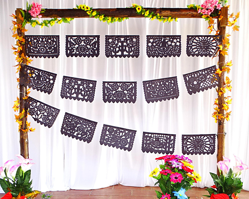 Day dead banner, black picado negro, happy birthday decorations halloween theme, paper skulls garland