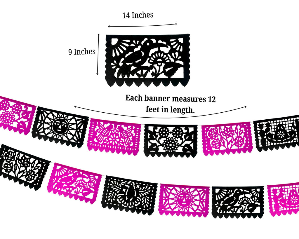 papel Picado negro fuschia Banderas mexicanas para fiestas quinces 15 anera