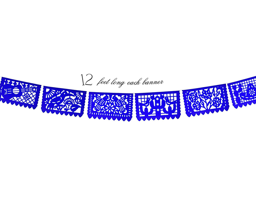 hanging party decorations in bright blue with flowers cactus butterflies birds on them