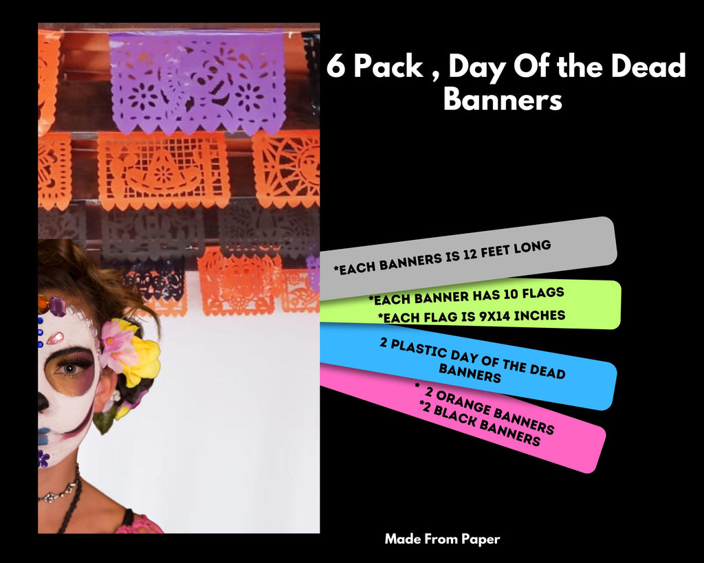 Day of the Dead banner set with colorful flags and text on a black background