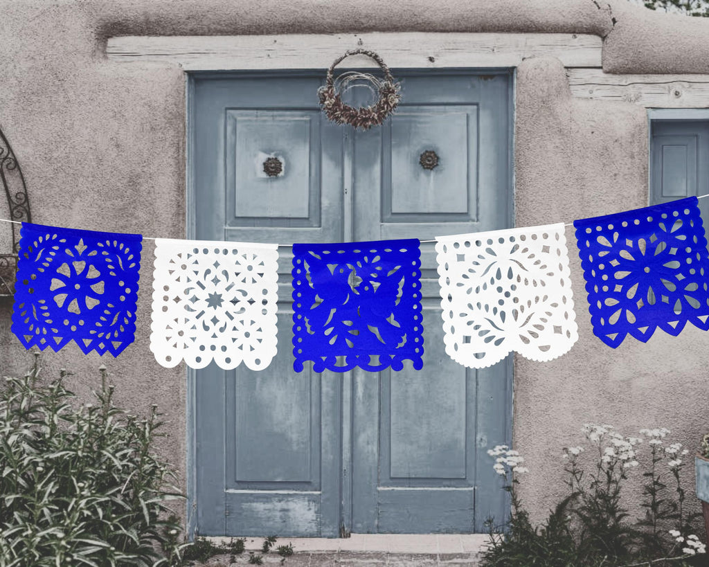 blue flag decoration hanging real papel Picado from Mexico 50 feet talavera wedding