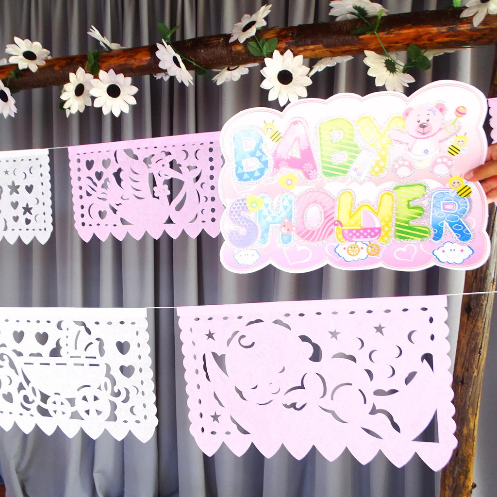 Baby shower decorations in light colors, garden party decorations, papel picado white mexican.
