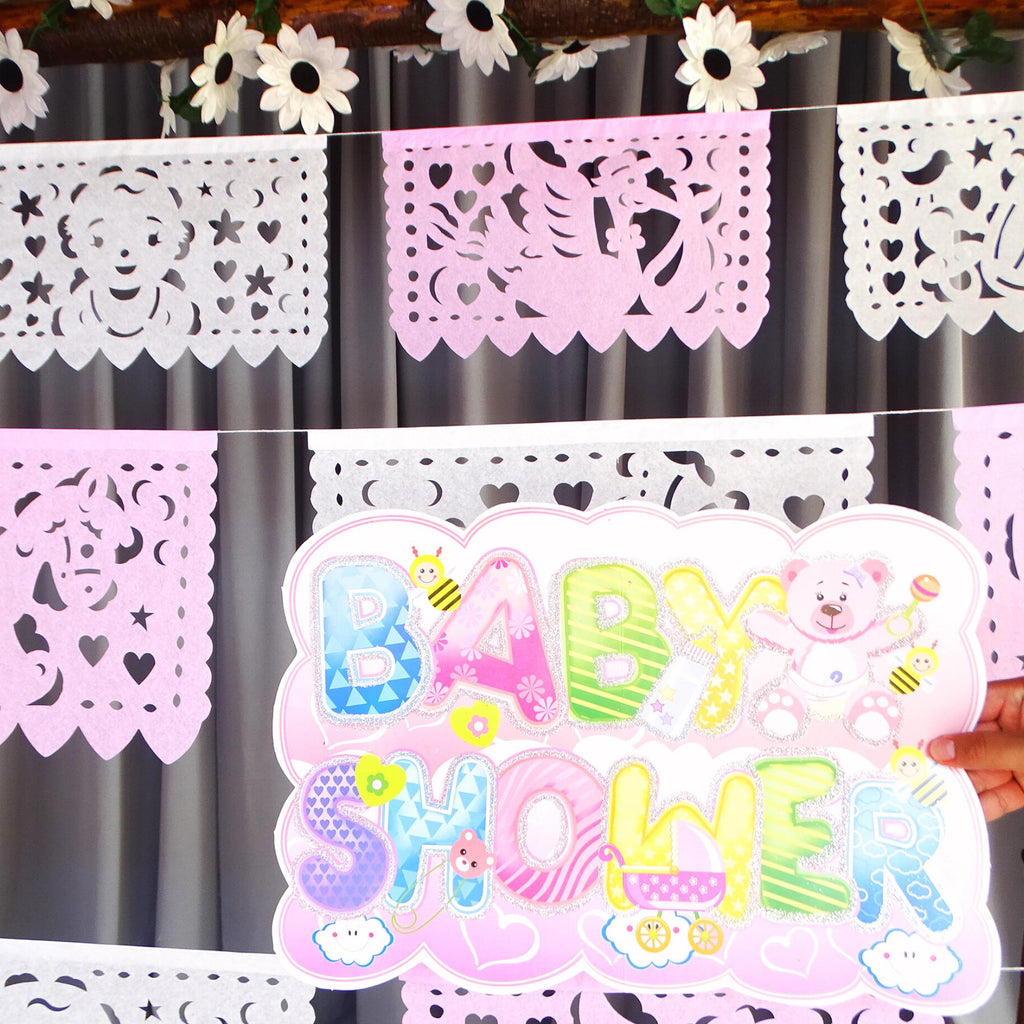 Baby accessories, pink papel picado, Mexican Theme Gender Reveal Party Decorations, baptism accessories.