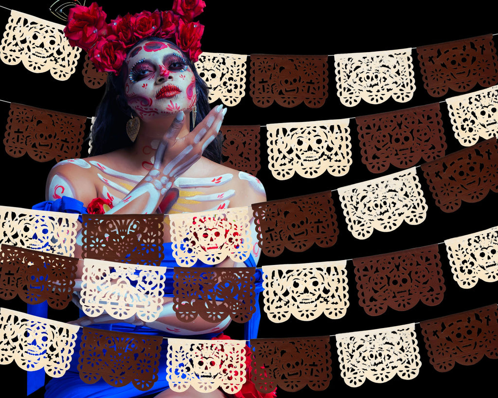 DIa de Los Muertos Papel Picado Banners in brown and ivory