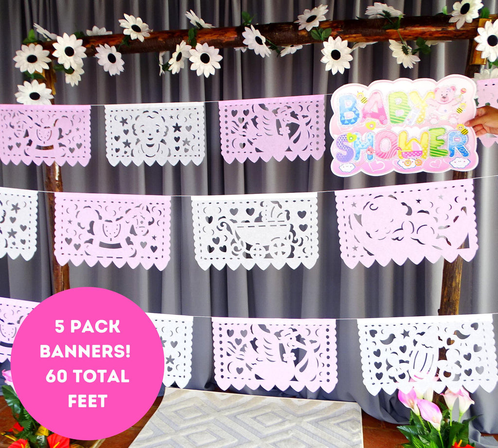 gender reveal banner boy or girl, adorable party decorations, mexican papel picado, pink accesories.
