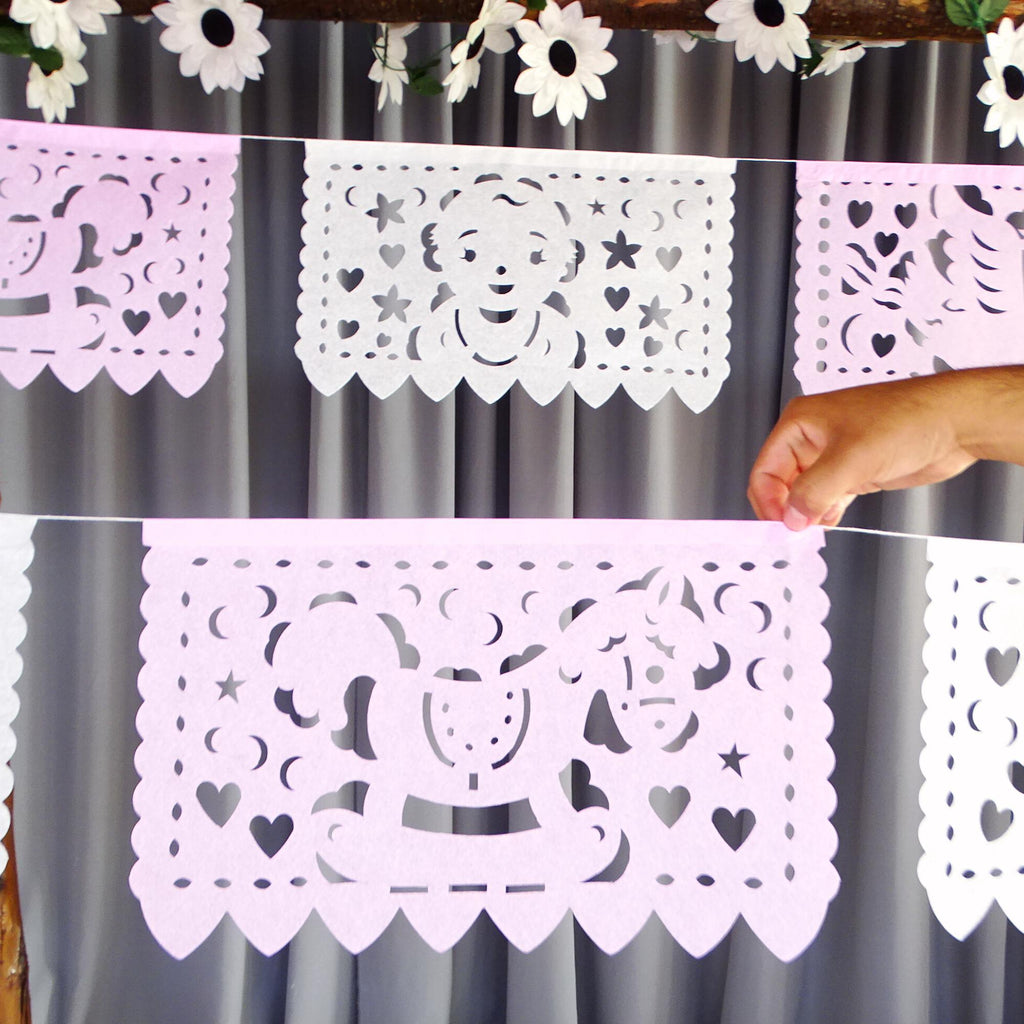 White and pink papel picado, decoration for baby shower parties, baby gender reveal, decorations for birthdays of girls and boys.