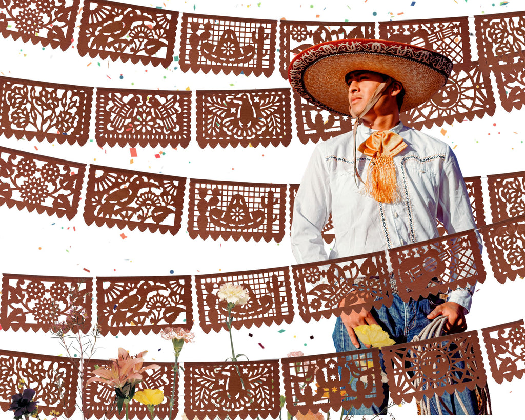 brown Mexican party banner 5 pack made in Mexico from tissue paper papel Picado marron