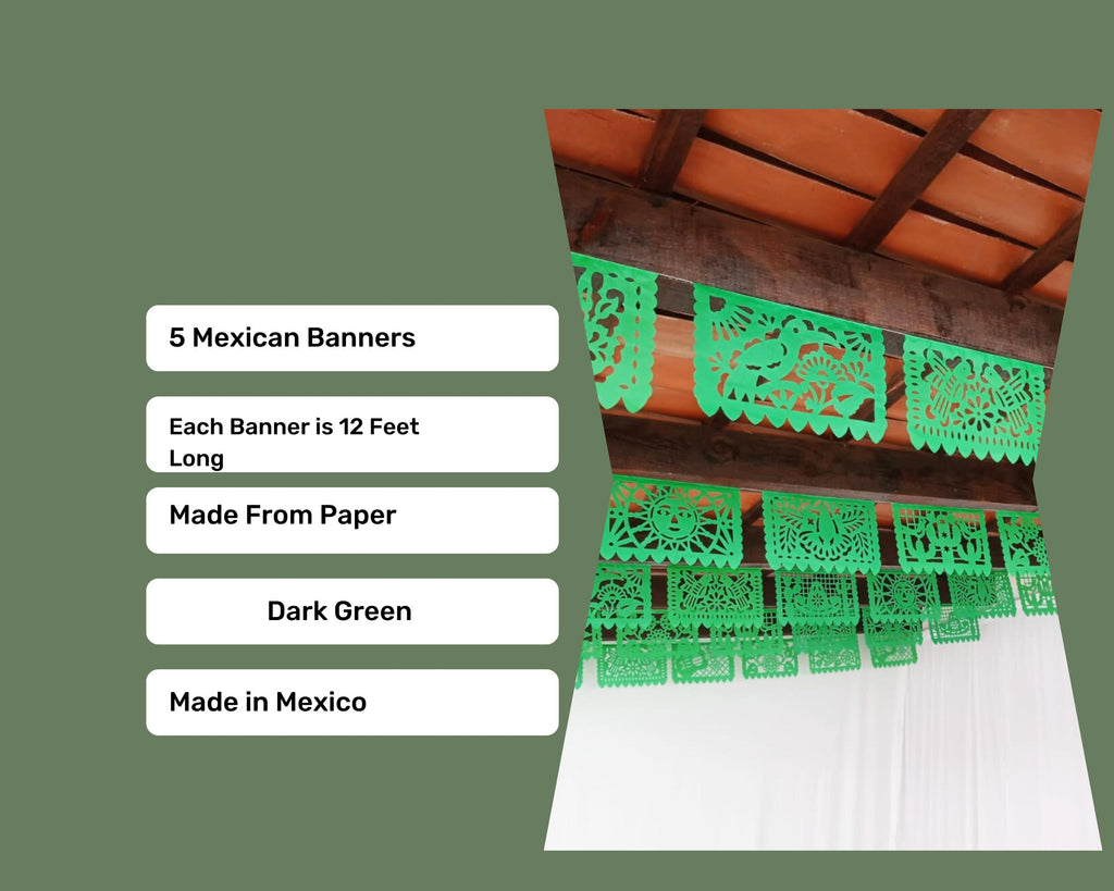 Green Mexican banners hanging from a wooden ceiling with product details.