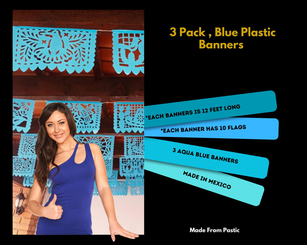 Blue plastic banners with decorative cut-out design