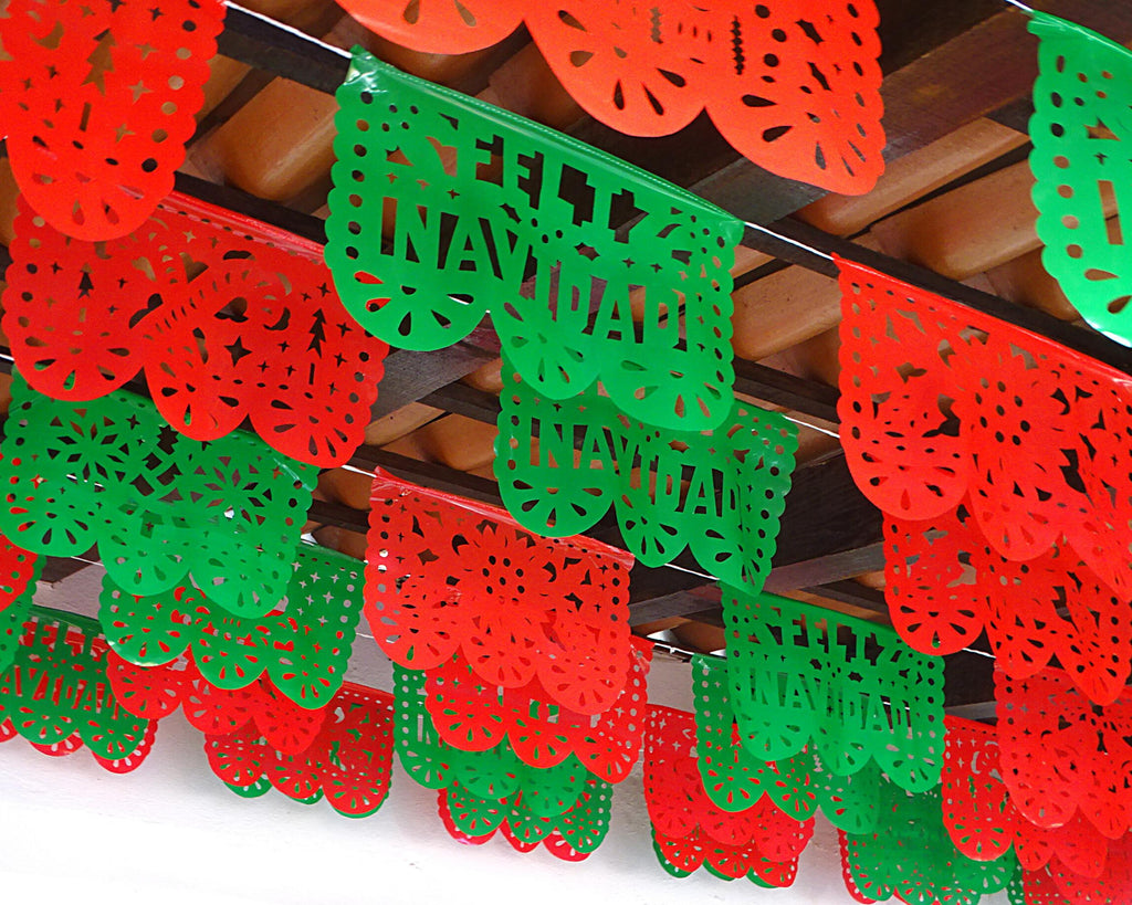Red and green papel picado banner garlands bunting hanging decorations