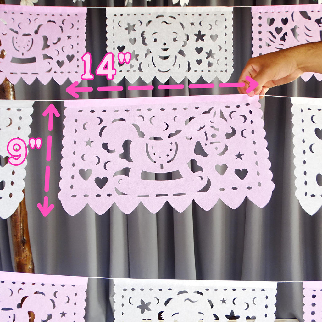 papel picado with unicorn designs, mexican themed baby shower party, 