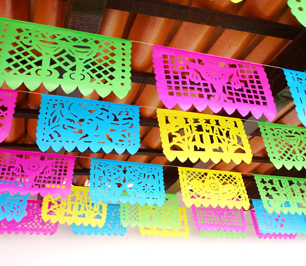 Cinco de Mayo banner for 5 de Mayo Party Decorations 5pack/60 feet, with beautiful designs and colors (blue, pink, yellow, green), 5 pack papel picado banners.