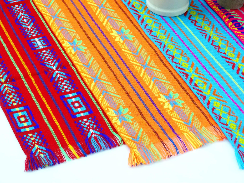 Colorful, bright table runners, colorful decorations for Mexican themed parties, reusable decor.