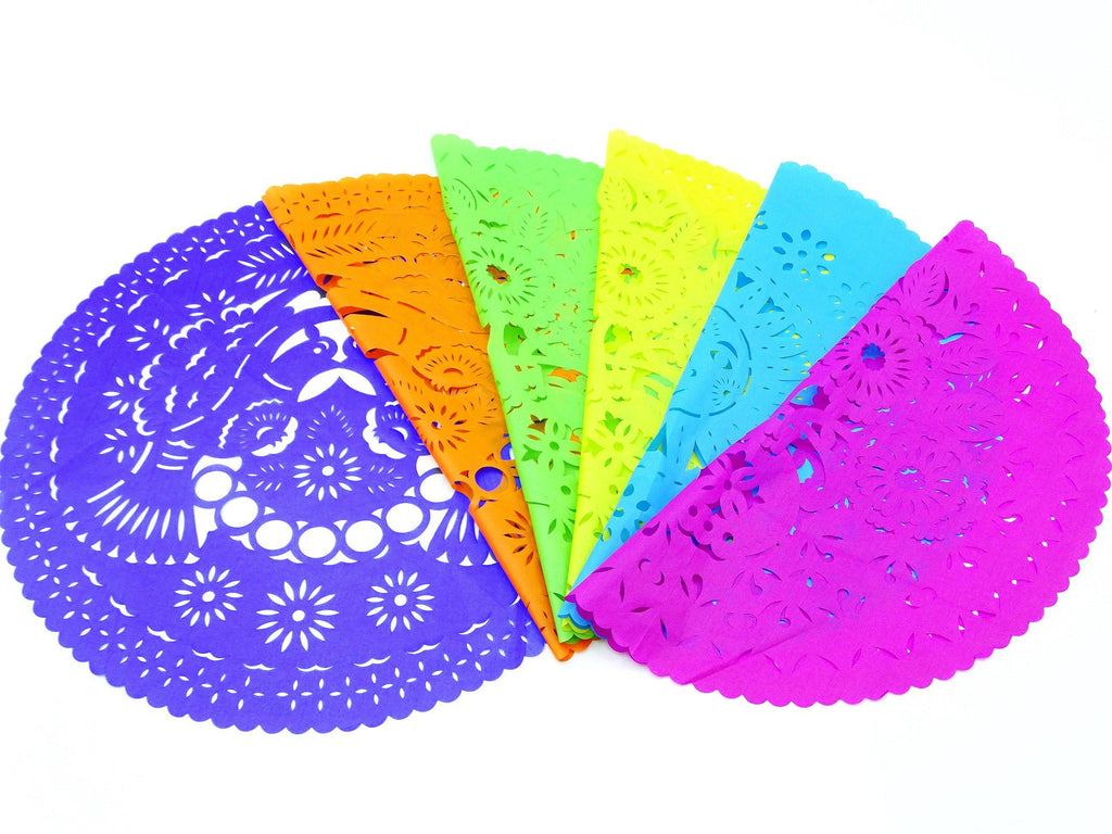 4 papel picado place mats, mexican party decorations, center table decorations, round place mats. Purple, blue, pink. yellow, green and orange. Hand crafted from tissue paper with spring designs.