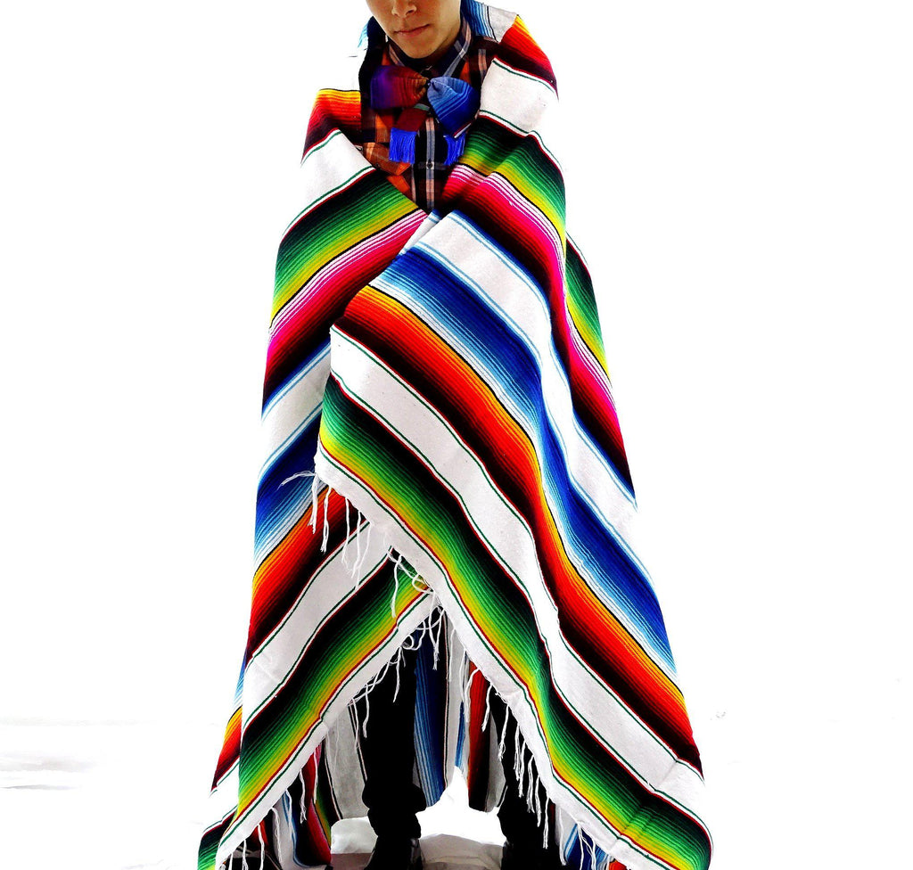 mexican party stuff, striped fabric, sarape graduation sash, 59X83 inches in white blanket. Zarape mexican blanket