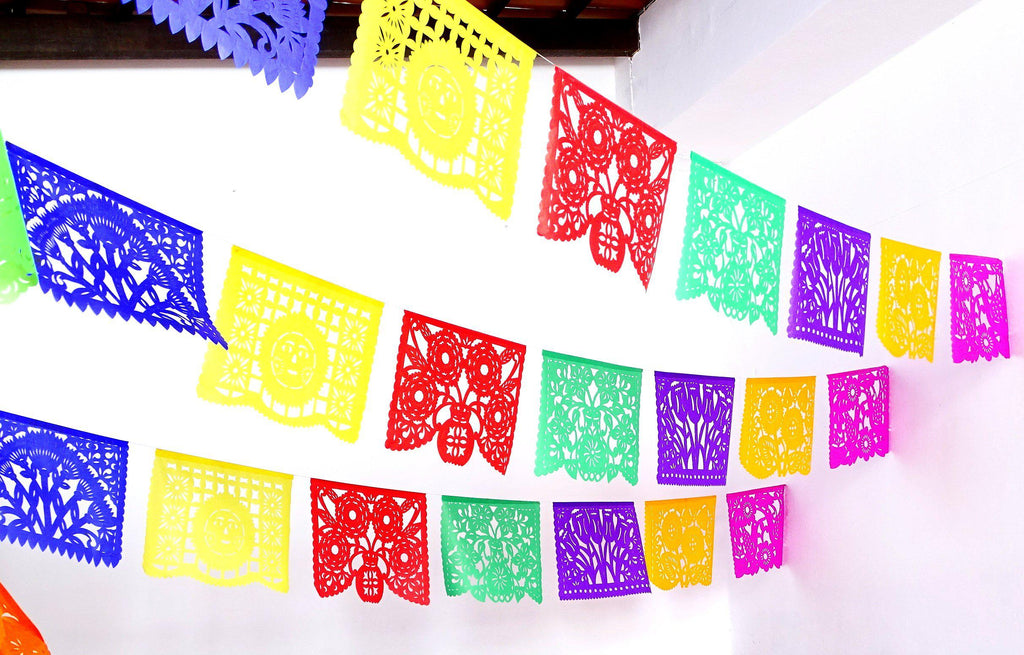 mexican papel picado fiestas, decoracion de papel tiras de papel picado, yellow, red, blue, green and pink paper decorations for all your parties, birthdays, picnics and celebrations