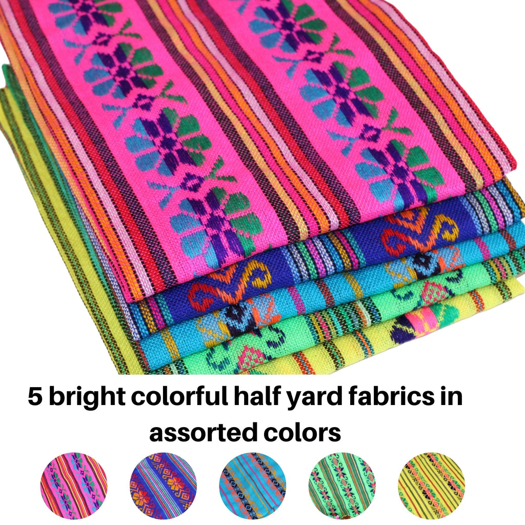 set of colorful Mexican fabrics, tela mexicana en diferentes colores, aztec fabric by the yard.