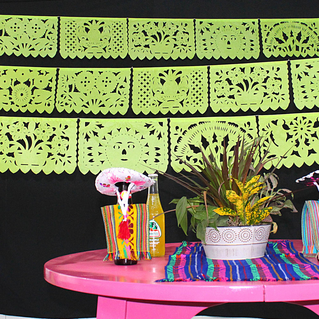 Fiesta decorations in lime green 60 feet total banners, 5 pack. Authentic mexican papel picado with flowers, sun and birds designs.