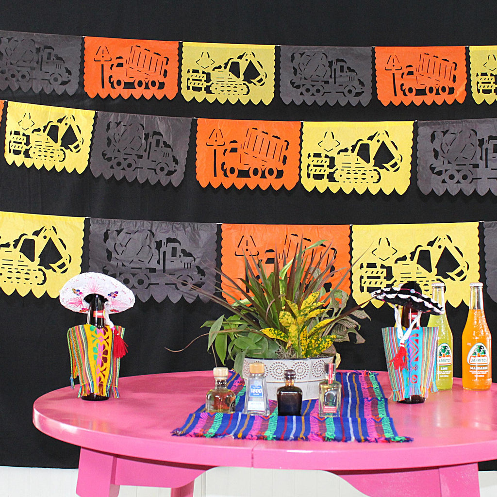 DUMP TRUCK Banners, mexican Papel Picado, Fiesta decoration, black orange yellow decorations, accessories for children's birthday parties. 