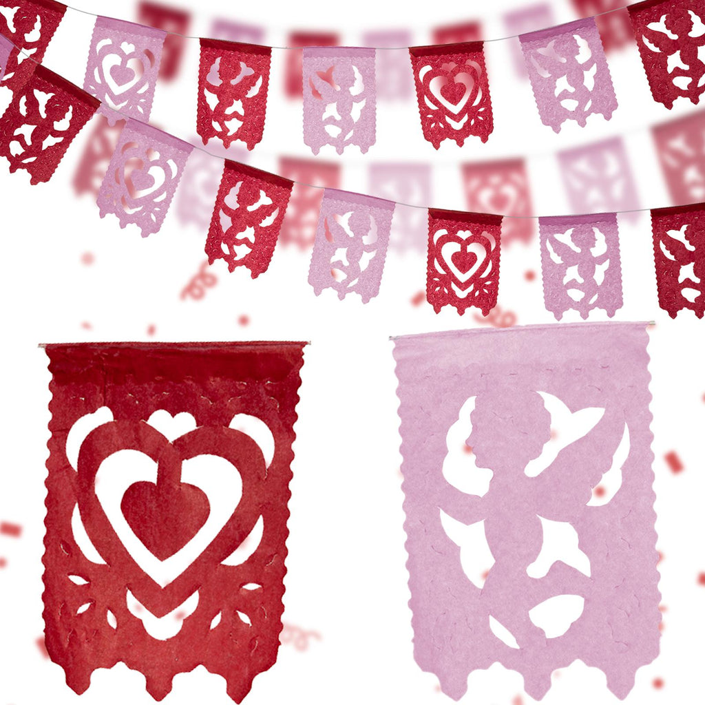 Small Red and Pink Heart Banner for Valentine's Day. Heart and cupid designs, light pink and red paper decorations. Mini banner for parties decor.
