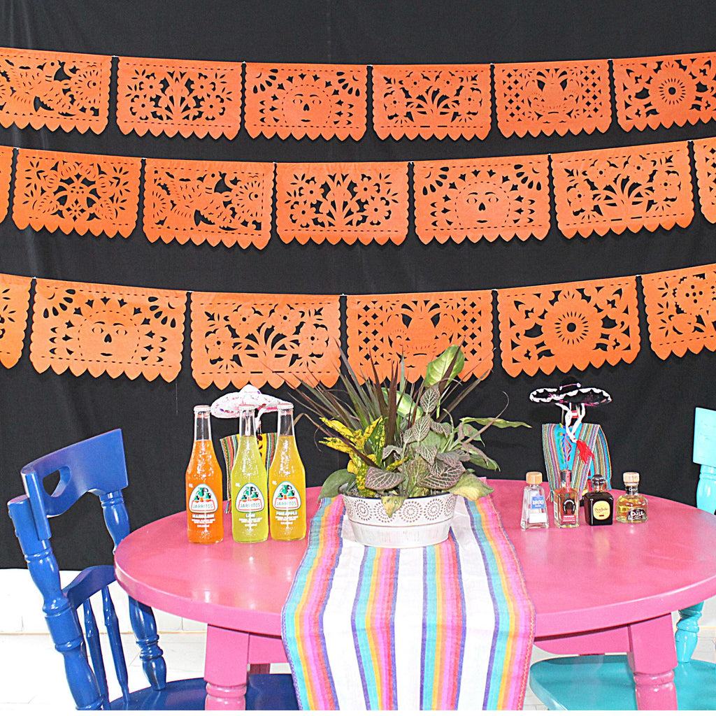 Orange mexican papel picado banners, mexican designs of flowers, birds and sun, 5 pack of 60 feet of paper mexican banner