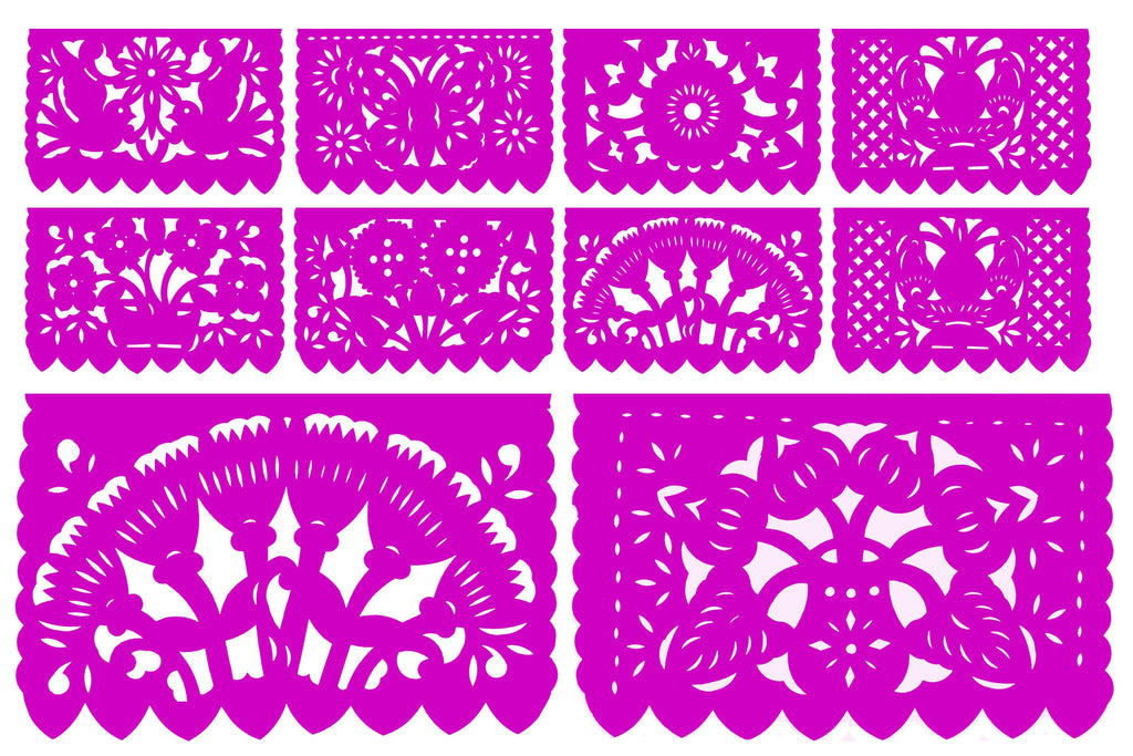 Pink Papel Picado, Mexican tissue banner, 12 ft long, Fiesta Mexicana decorations SB1. Flowers, birds and butterflies designs. Mexican authentic papel picado.
