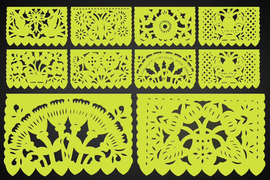 Mexican fiesta with colorful papel picado banners, yellow decorations for quinceaneras, taco fiesta and birthdays.