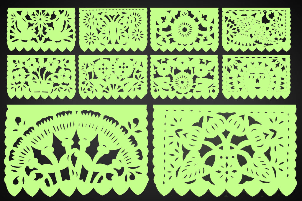 Colorful papel picado banners, Fiesta decorations for party, Green flowers and butterflies.