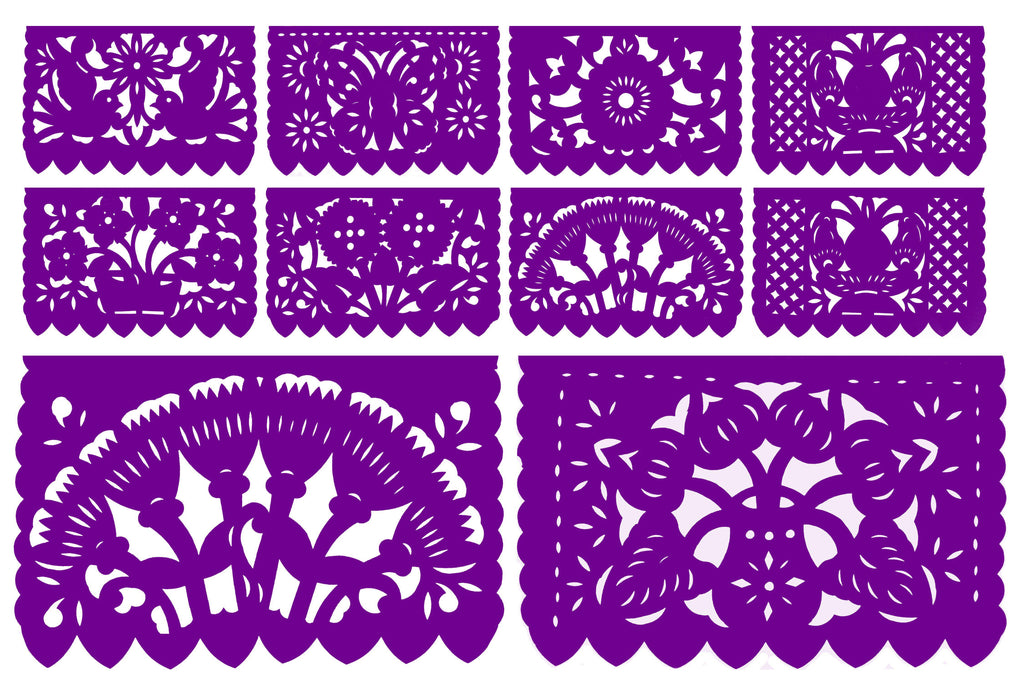 Purple Mexican Papel Picado, authentic paper picado, mexican designs of flowers, butterfly. Purple paper decorations