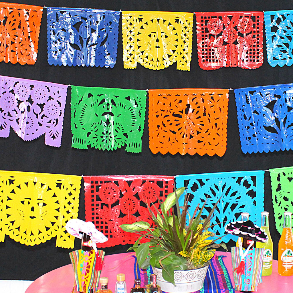 Plastic Papel Picado Banners, Mexican Fiesta decorations - Indoor/Outdoor WS274, plastic hand made papel picado, sun, flowers and birds designs