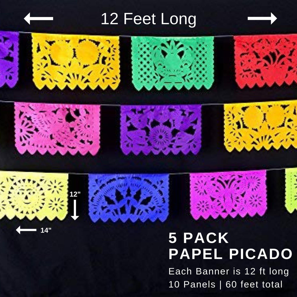 Extra long five pack banners, hand-crafted mexican papel picado. Multi-color decorations inspired by mexico