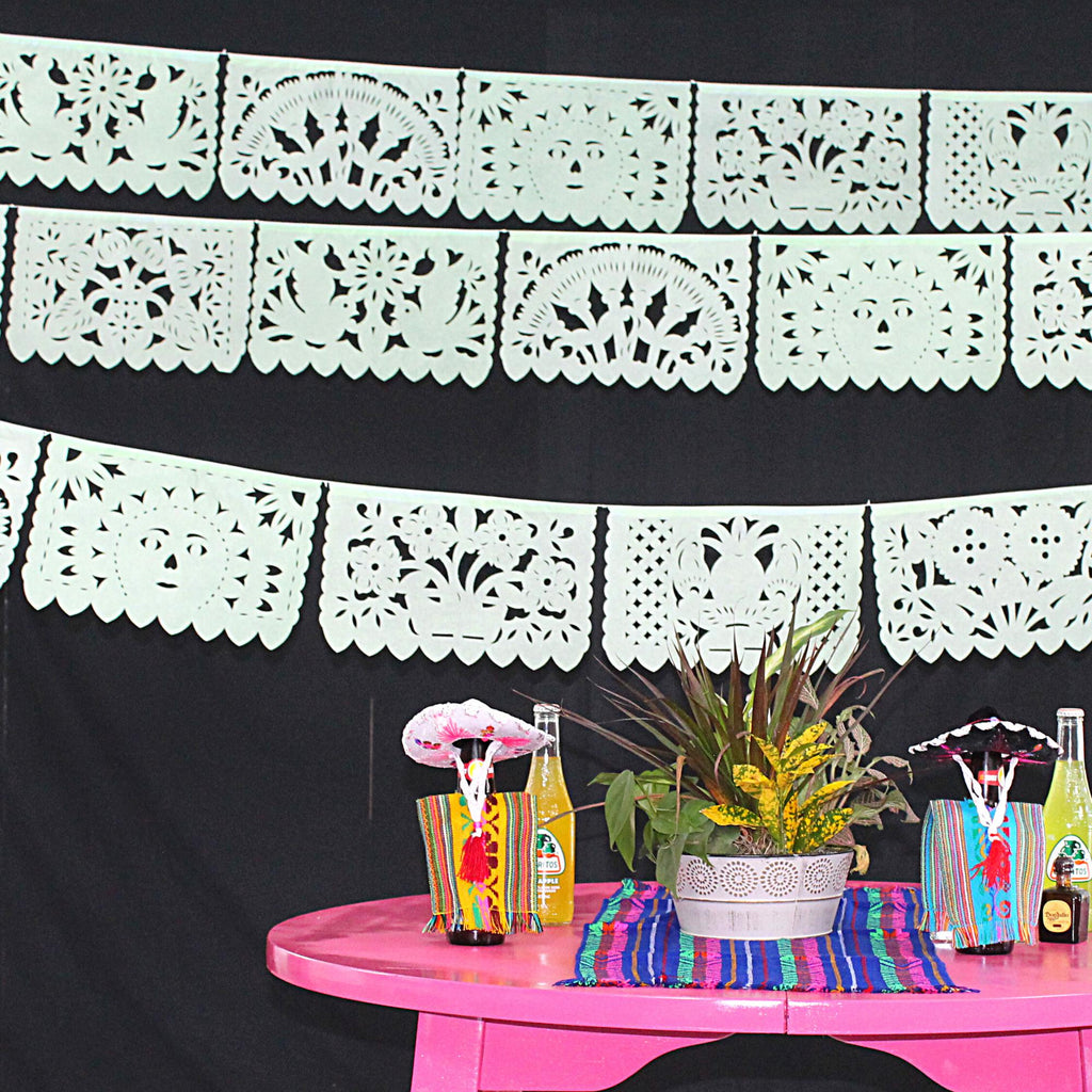 5 PK, Papel picado party decor, 60 feet long banner, Fiesta Decorations Garland, Mexican Party Supplies, Mexican Bridal shower banner, WS2009. Flowers, sun and birds designs on each flag. traditional paper decorations, elegant banners for fiestas.