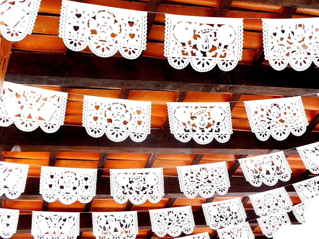 my first communion decorations, fancy baby shower ,  papel picado blanco mexicano.