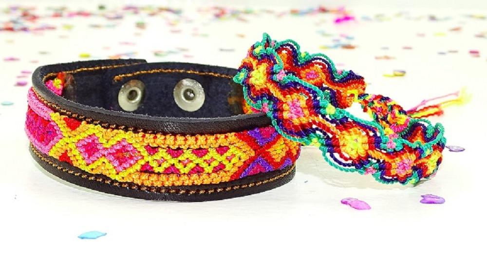 Mexican Fabric - Leather Bracelet, Mexican Bracelet, Friendship Bracelet, Fabric Jewellery.