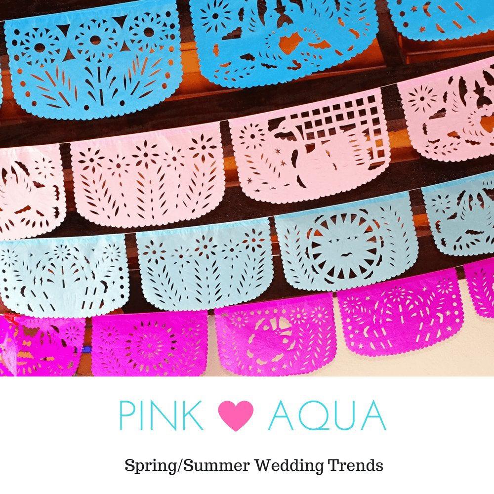 Pink Aqua papel picado, custom decorations for mexican themed parties, set of accessories for garden party.