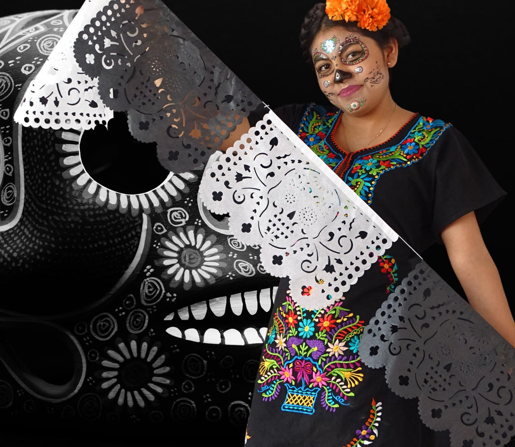 Day of the dead papel picado, white and black mexican banner, decorations for Halloween, traditional skulls. 