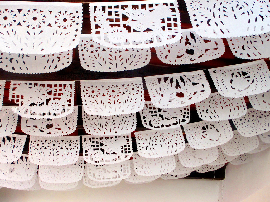 Papel Picado Banners - Papel Picado Wedding, ALL White Floral Bunting, White Mexican Banner SB18