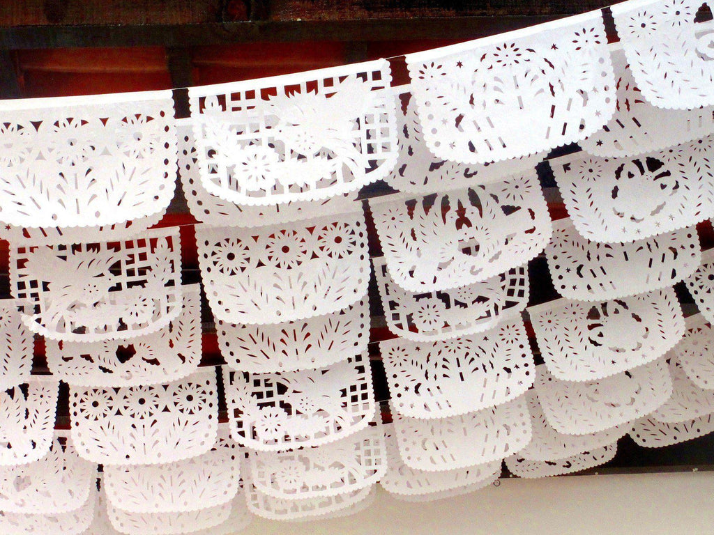 Papel Picado Banners - Papel Picado Wedding, ALL White Floral Bunting, White Mexican Banner SB18