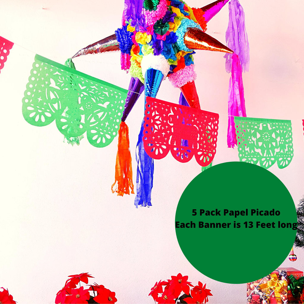 christmas bell campanas, burro, pinata Papel picado banner hanging from the ceiling