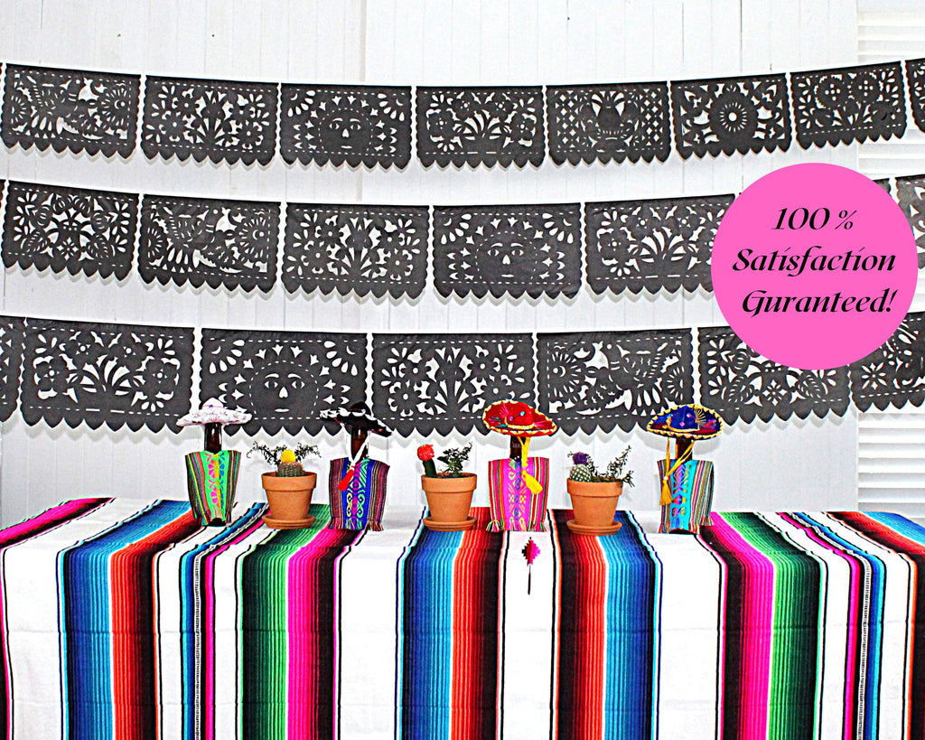 black fiesta banner, Day of the Dead party decorations, papel picado for mexican themed parties