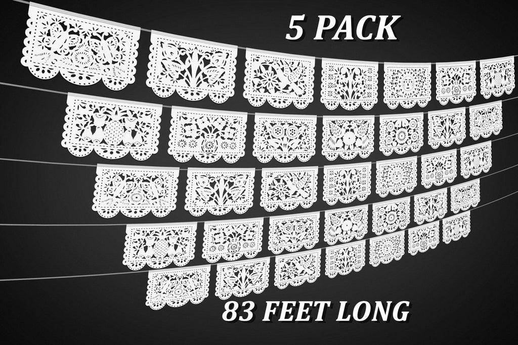 Five pack of white fiesta banner, flag party decorations, decor for parties inspired by Mexico