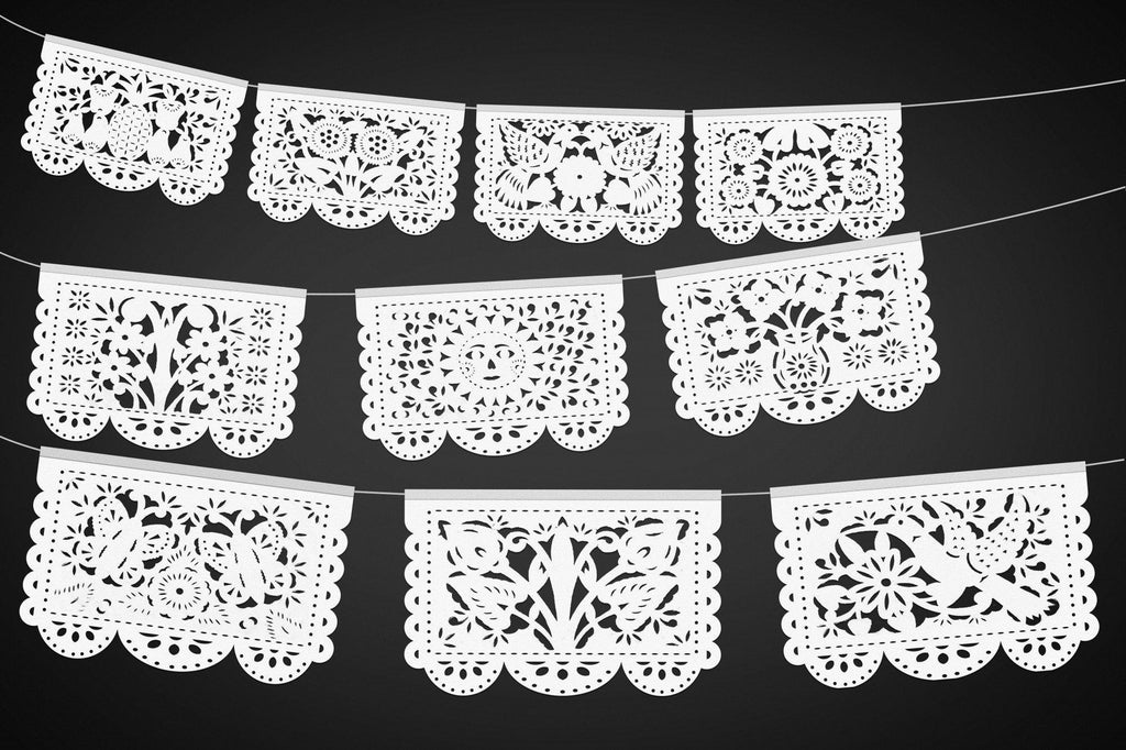 Mexican party decorations banners,  tissue papel picado,  white flags for parties, white fiesta.