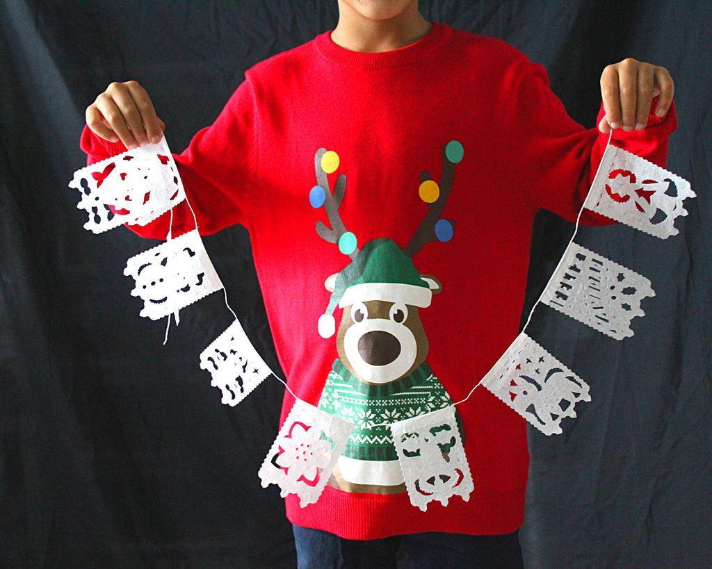 Christmas Papel Picado, white mini fiesta decorations, xmas banner, mini white papel picado ws32. 