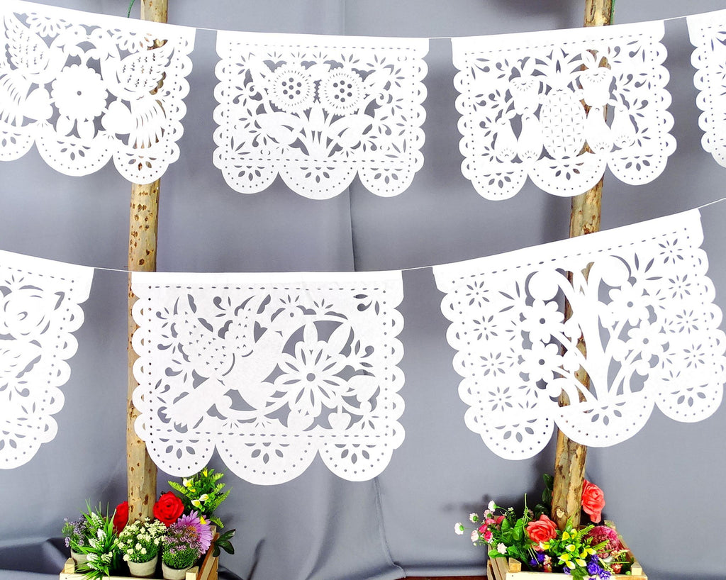 white mexican papel picado for weddings, mexican designs of flowers, birds. Fiesta Party Decorations ws93
